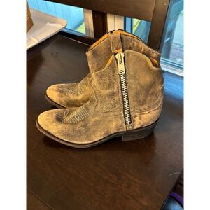 Laura Lee Tari Distressed Tan Leather Western Ankle Boots EU 38 US 8 Side Zip